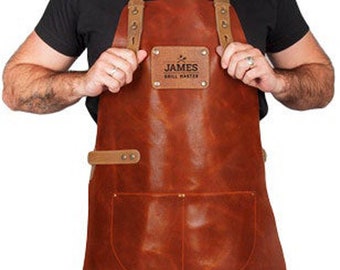 Grembiule in pelle personalizzato per chef con due tasche, Arpon in pelle con monogramma, Grembiule personalizzato per chef, Grembiule da barbecue