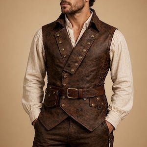 May include: A dark brown textured waistcoat featuring a high collar, double-breasted brass buttons, and an integrated belt with a small attached pouch. The waistcoat is worn over a long-sleeved, light beige button-down shirt with a classic collar and cuffs.