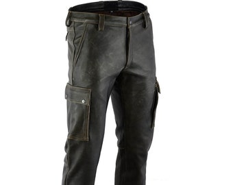 Men&#39;s Vintage Leather Cargo Pants: Full Grain Biker Trousers