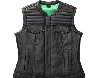 Women’s Garland Club Style Vest, Women's Leather Vest, Rainbow flair Vest, Leather Vest for Women, Women's Biker Vest, Women's motorcycle