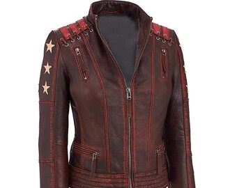 Distressed Red Leather Biker Jacket: Women's Star Slim Fit Motorcycle Jacket