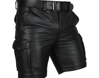 May include: Black leather cargo shorts with a belt and two large pockets on the sides.