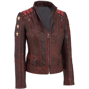 Women Red Star Biker Slim Fit Leather Jacket, Distressed Red Leather Jacket Women, Vintage Motorcycle Ladies Biker Leather Jacket, Comic con