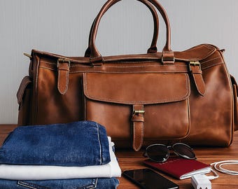 Leather Duffle Travel Bag, Carry On Luggage, Weekend Bag