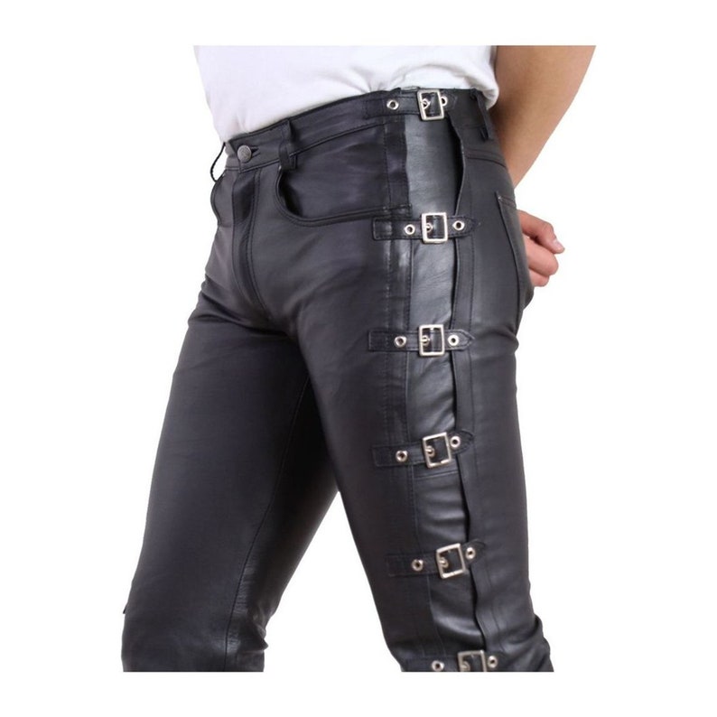 men's leather party pants with side buckles along the outseam on both sides.