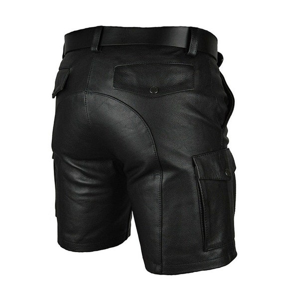 Men's Black Leather Cargo Shorts: Low Waist, 6-pocket Design - Etsy