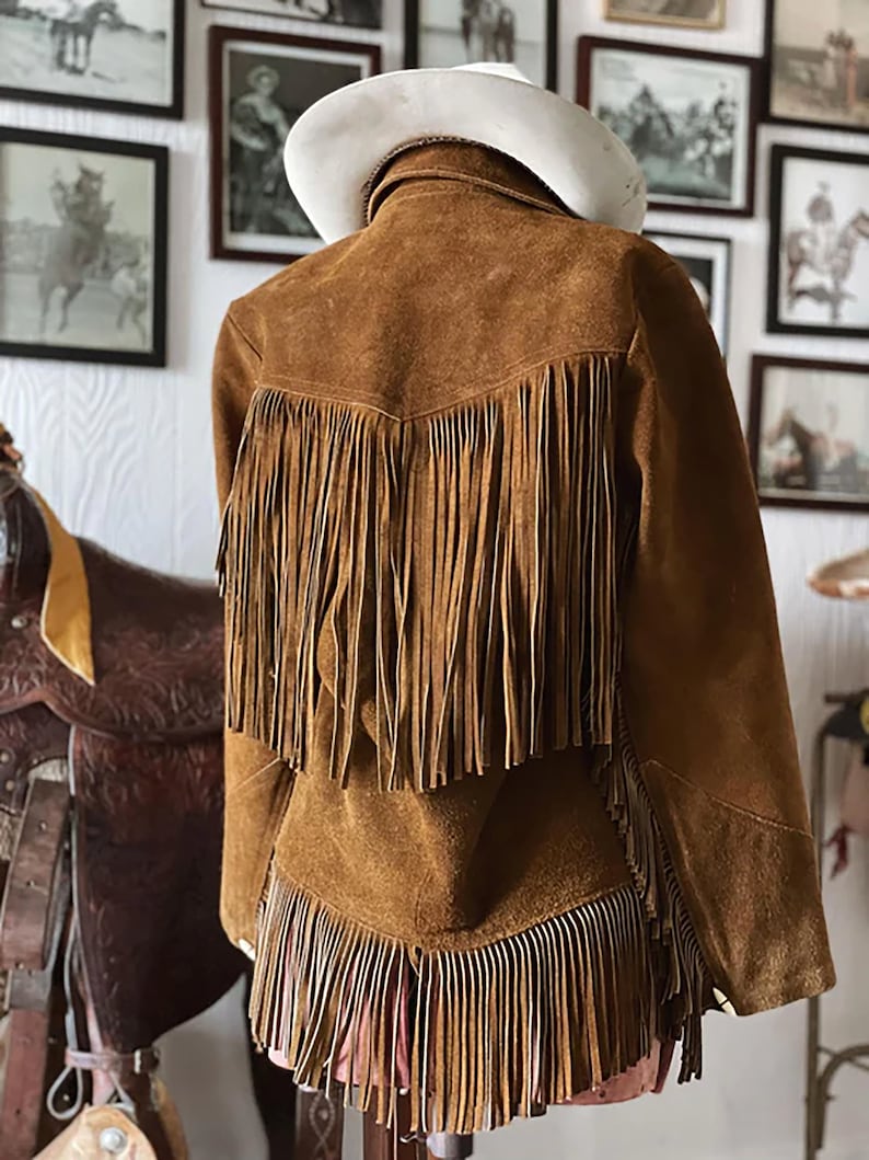 Fringe suede brown leather cowgirl jacket, fringed at back.
