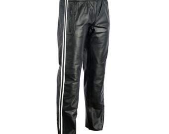 Men&#39;s Stripe Leather Trousers - Handcrafted Sheap Leather Trouser, Edgy Fashion Statement, Ideal Anniversary Gift for Style Lovers and gym