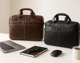 Personalized Full Grain Leather Laptop Messenger Bag, 16-inch Travel Briefcase