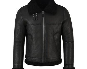 Men's Black Shearling Leather Jacket, Winter Coat, B3 Bomber, Warm Shearling Lining, Casual Leather Outerwear, RAF Pilot Jacket