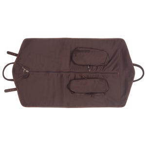 May include: A brown leather garment bag with two zippered pockets. The bag is open and laid flat, showing the interior lining.