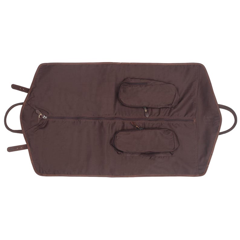 May include: A brown leather garment bag with two zippered pockets. The bag is open and laid flat, showing the interior lining.