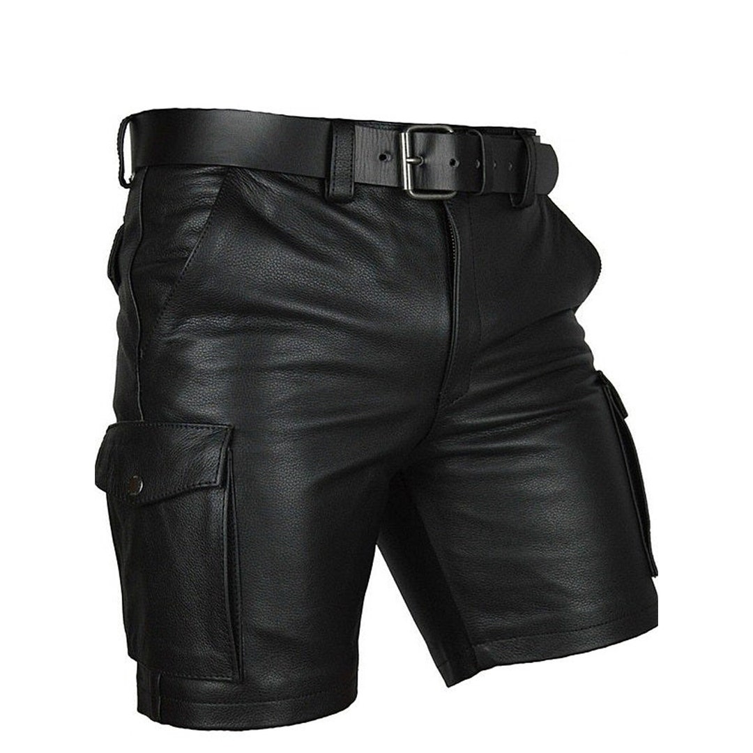 Men's Black Leather Cargo Shorts: Low Waist, 6-pocket Design - Etsy