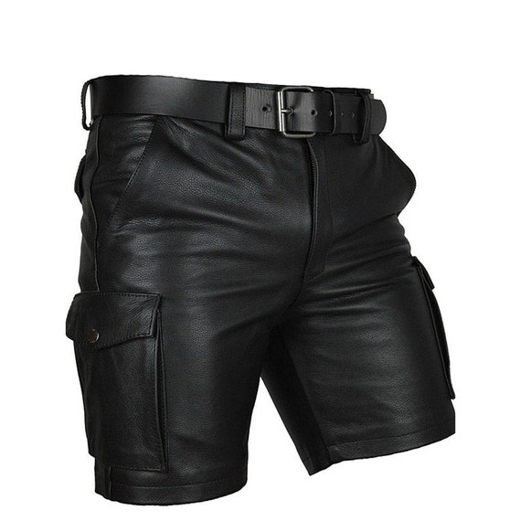 パンツ Vintage cow leather cargo shorts black Men's Black Leather Cargo Shorts: Low Waist, 6-pocket Design - Etsy