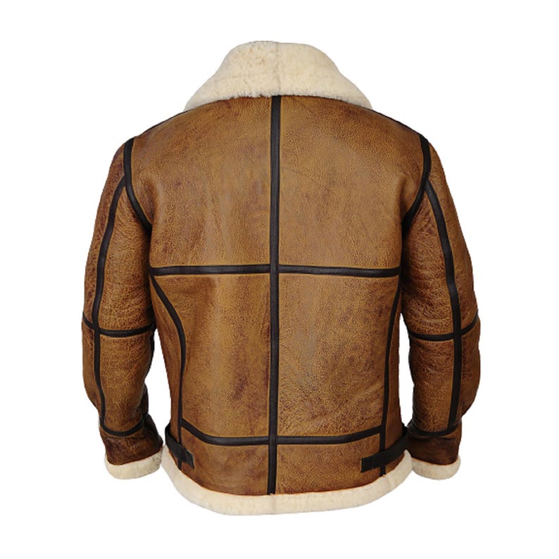 May include: A brown leather jacket with a cream-colored shearling collar and lining. The jacket features black trim and a classic aviator style. The back view showcases the jacket's panel design and textured leather.