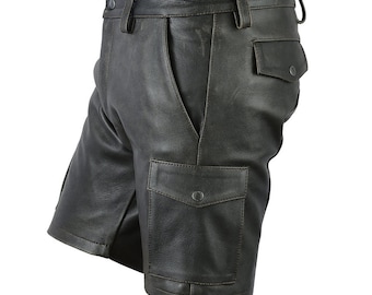 May include: Dark brown leather shorts with a large cargo pocket on the right leg. The shorts have a button fly and a belt loop waistband.