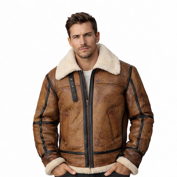 Men’s B3 Bomber Shearling Jacket | Vintage Aviator Leather Flight Jacket | Winter Fur Lined Pilot Coat