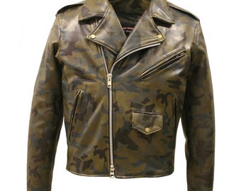 Leather Camouflage Biker Jacket, Camo print military style jacket, Men's Leather Jacket, Hunting Jacket, XS - 5XL