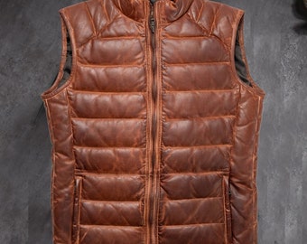Men's Puffer Leather Vest, Stylish Brown Sleeveless Jacket, Perfect for Casual Outings, Anniversary Gift, Unique Birthday Gift for Him.