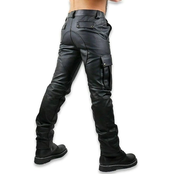Men's Leather Cargo Pants: Full Grain Aniline Cow Leather Biker