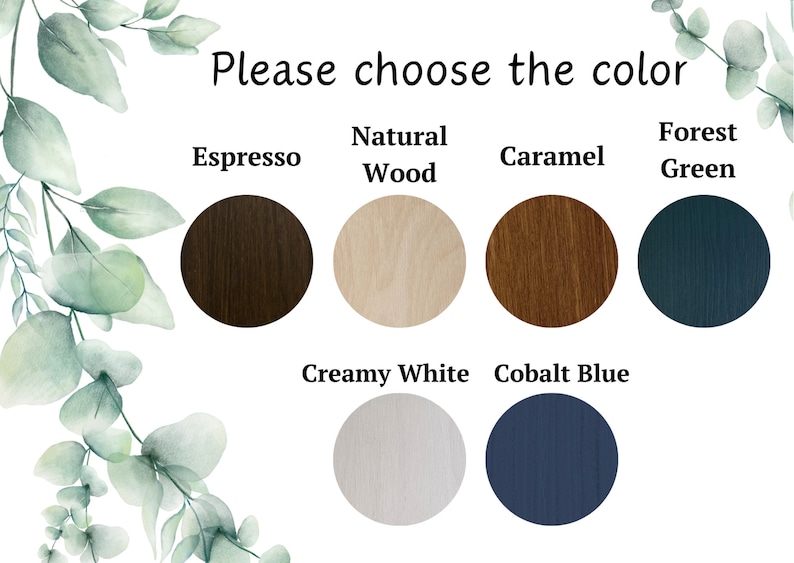 Puede incluir: Carta de colores que muestra ocho colores de pintura diferentes para muebles. Los colores son Espresso, Madera Natural, Caramelo, Verde Bosque, Blanco Cremoso y Azul Cobalto.