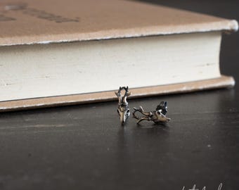 Unisex Beautifully Detailed Sterling Silver Tiny Deer Head Skull Stud Earrings