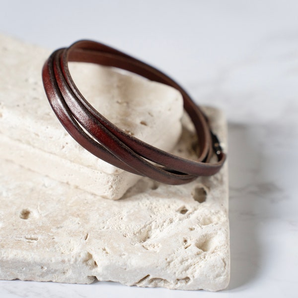 Minimalist Brown 100% Genuine Leather Flat Wrap Bracelet