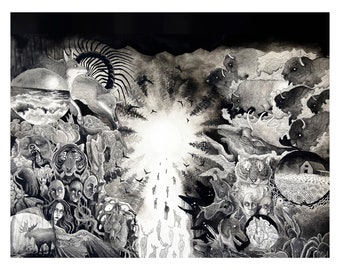 May include: Black and white illustration featuring a surreal landscape with various animals, including a fox, bear, and bison. The artwork has a dreamlike quality, with detailed shading and a central light source. The composition is divided, with creatures on either side.