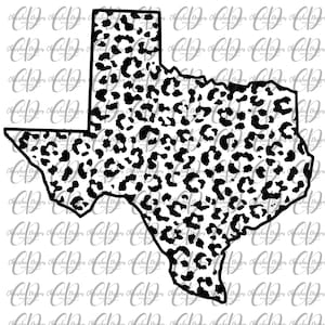 May include: Black and white leopard print design of the state of Texas.