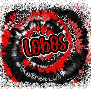 May include: Red, black, and white tie-dye design with a leopard print pattern. The word "Lobos" is written in a bold, black font with a red outline.