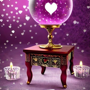 Puede incluir: Un orbe de vidrio morado con un corazón blanco en su interior se asienta sobre una pequeña mesa de madera con tallas ornamentadas. El orbe está iluminado desde adentro por una vela y rodeado de pequeños corazones blancos. Hay dos velas en la mesa, una a cada lado del orbe.