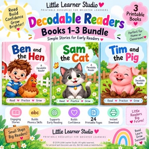 Peut inclure: Un ensemble de trois livres décodables imprimables intitulés Ben and the Hen, Sam the Cat et Tim and the Pig. Les couvertures présentent des illustrations colorées d'un enfant avec une poule, un chat et un cochon. Inclut des icônes éducatives.