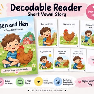 Könnte beinhalten: Ein druckbares PDF-Lesebuch mit dem Titel Ben and Hen, das eine Kurzgeschichtengeschichte über einen Jungen und ein Huhn enthält. Das Set umfasst ein Titelblatt und sieben illustrierte Seiten, die Szenen mit Text darstellen.