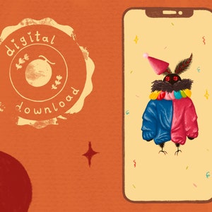 May include: A digital download of a cartoon moth wearing a colorful clown costume and a party hat. The moth is on a smartphone screen with confetti and stars in the background.