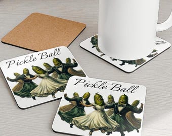 Pickleball Cork Coaster Set: Dancing Pickles for Drinkware, Gift for Pickleball Team, Partner or Tournament, Senior Present