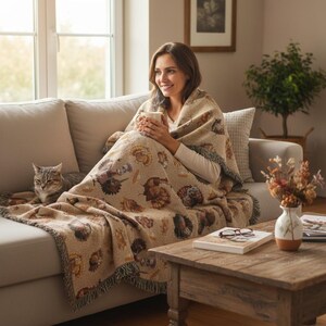 May include: A beige throw blanket with a repeating pattern of brown turkeys and feathers is draped over a person sitting on a beige sofa. The blanket has a fringed edge. A gray cat sits next to the person. A coffee table with a book and glasses is in front of the sofa.