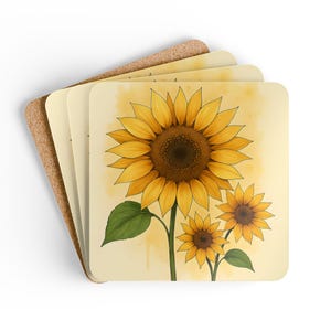 Sunflower Sophisticate Coaster Set, Rustic Cork Coasters, Set of 4, Gift for Nature Lovers and Flower Enthusiast