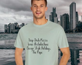 Chicago Icons TShirt: Pope, Pizza, Architecture and Chicago Style Dogs tee