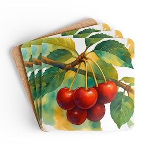 Classy Cherries. Coaster Set | Nature Lover Gift, Beautiful Corkwood Coasters for Home, Gift for Host or Hostess