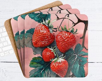 Sweet Strawberries Coaster Set | Eco-Friendly Drink Coasters | Housewarming Gift, Summer Gathering, Strawberry Lover, Farmers Market