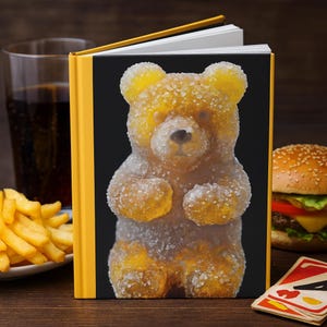 May include: A journal with a yellow cover and a gummy bear illustration on the front. The gummy bear is yellow and covered in sugar crystals. A glass of cola, fries, a burger, and a card game are in the background.