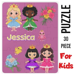 Peut inclure: Un puzzle de 30 pièces pour enfants, avec des princesses de dessins animés, des fleurs et des oiseaux sur un fond rose. Le puzzle comprend le nom "Jessica" et les mots "Puzzle" et "For Kids".