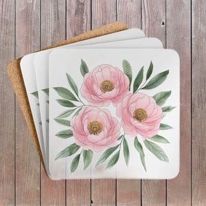Pretty Peonies. Cork Coaster Set, Floral Home Decor, Gift for Her, Coffee Table Essentials, Summer Party Favor, Eco-Friendly Flower Gift
