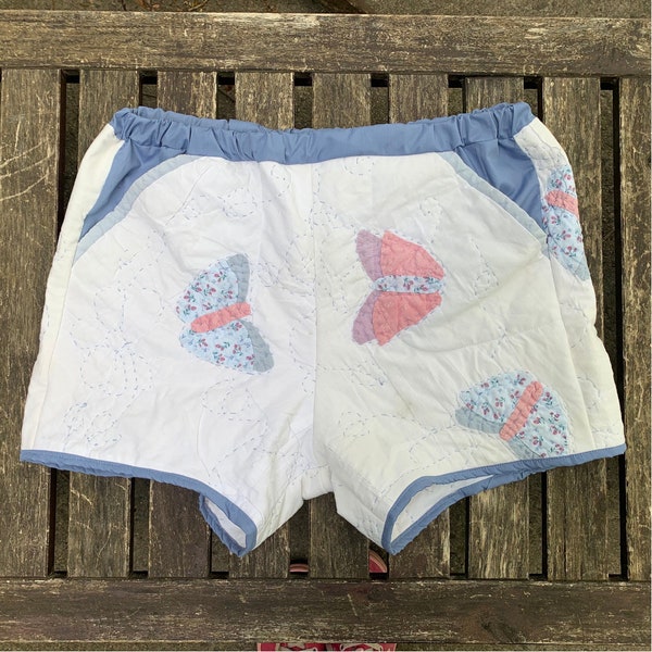 Vintage Upcycled Quilt Top Pocket Shorts Butterfly Pastel Cottagecore