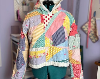 Upcycled Handmade Vintage Patchwork Quilt Hoodie Sweatshirt Jacket Coat