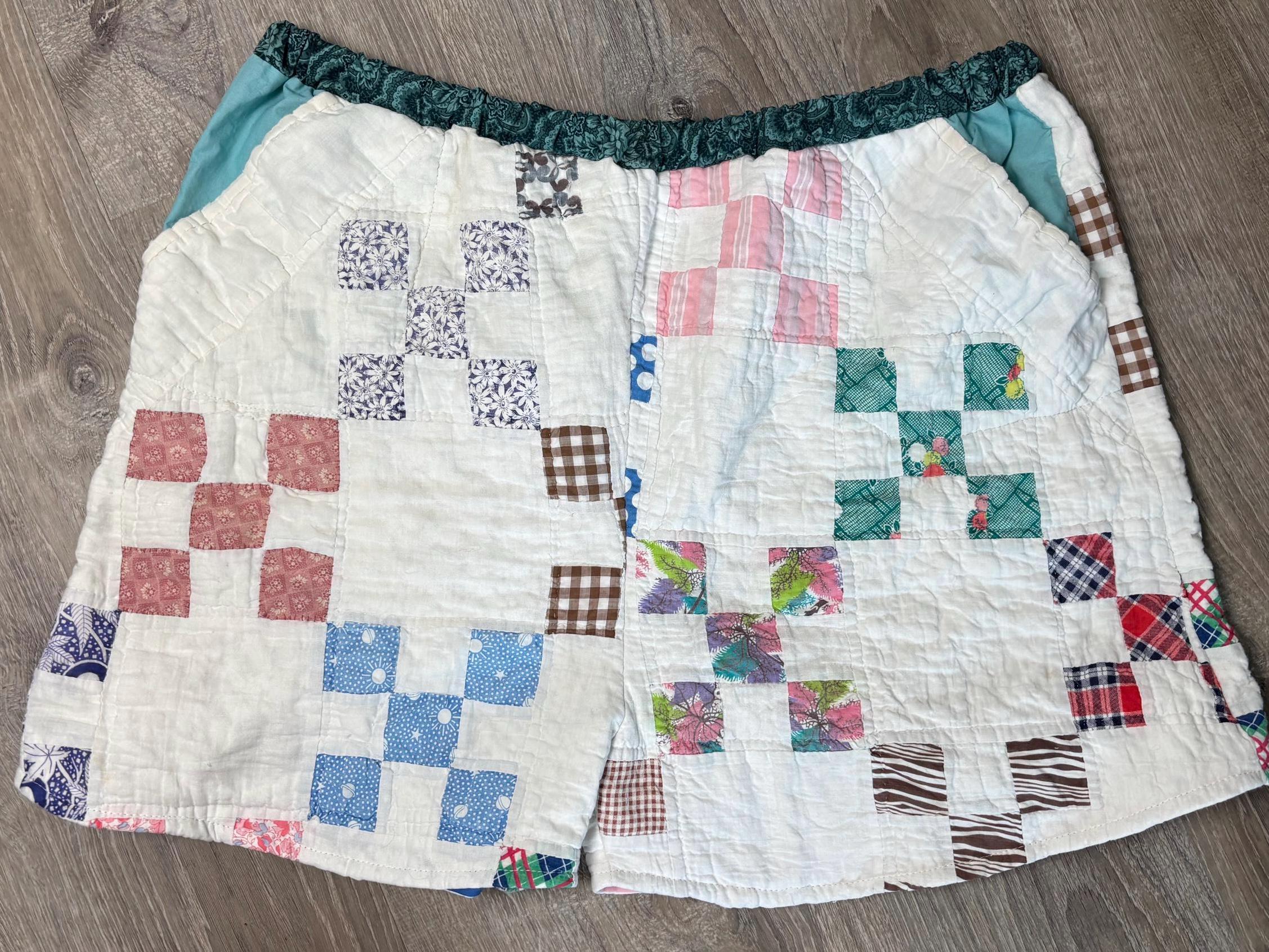 Vintage Upcycled Quilt Top Pocket Shorts Patchwork