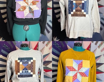 Sudadera de segunda mano con estampado de patchwork hecho a mano y reciclado (talla pequeña-mediana)