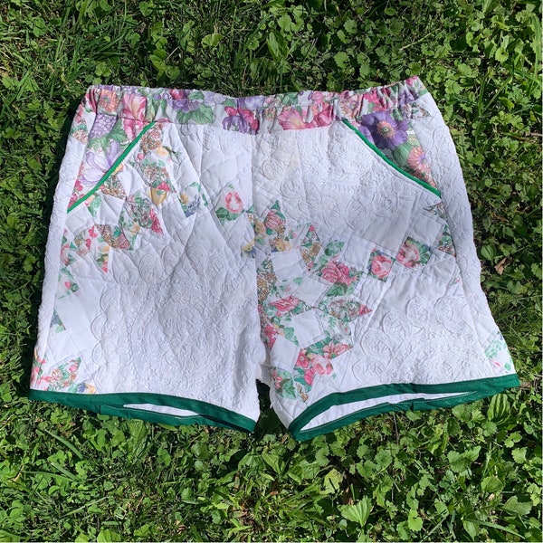 DISCOUNT - Vintage Upcycled Quilt Top Pocket Shorts Floral Doily Cottagecore