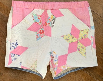 Vintage Upcycled Quilt Top Pocket Shorts Pink Pastel Cottagecore