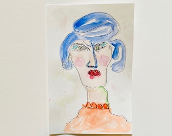 May include: A watercolor painting of a person with blue hair, red lips, and a peach-colored shirt. The person has a serious expression.